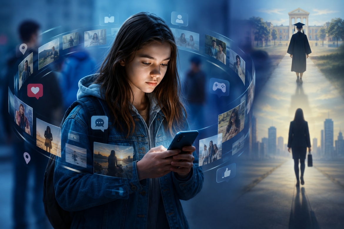 Young woman in a denim jacket looks at her phone, circled by floating social media thumbnails and icons with a campus backdrop.