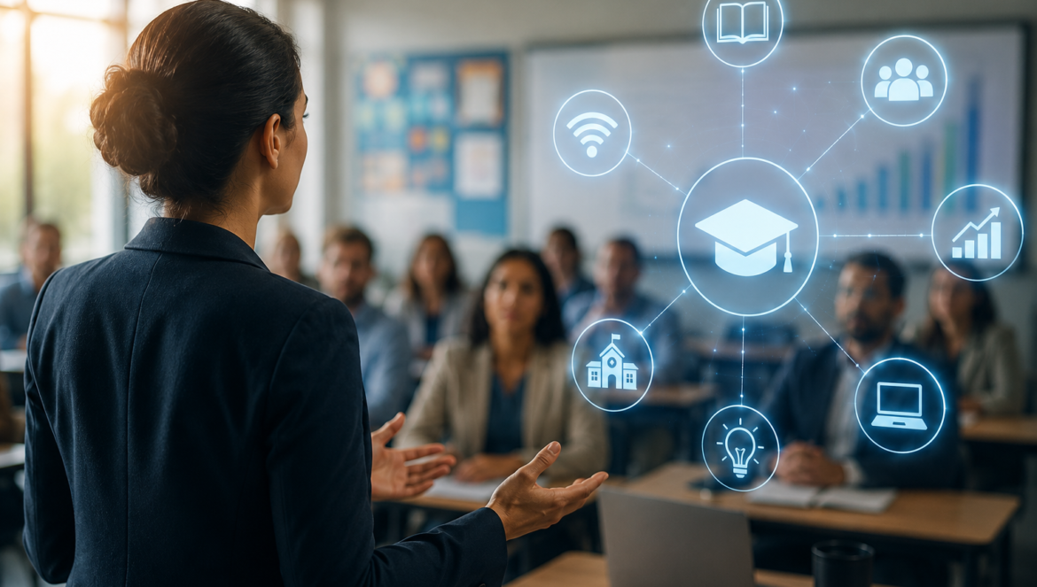 Teacher at the front of a classroom gestures toward floating holographic education icons connected to a central graduation cap students watch
