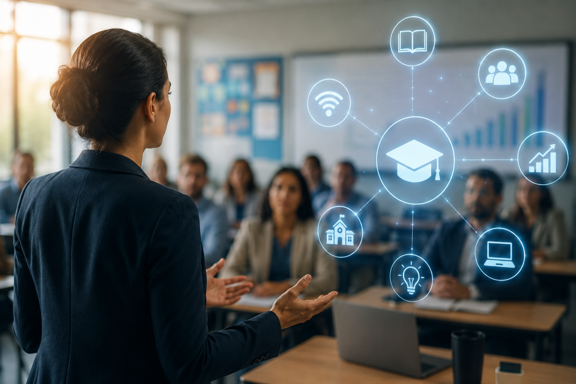 Teacher at the front of a classroom gestures toward floating holographic education icons connected to a central graduation cap; students watch.