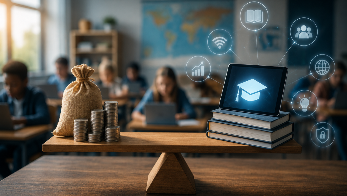 Educational technology investments | edcircuit Classroom scene a balance with a money bag and coin stacks beside a tablet showing a graduation cap atop a stack of books surrounded by educational icons in the air