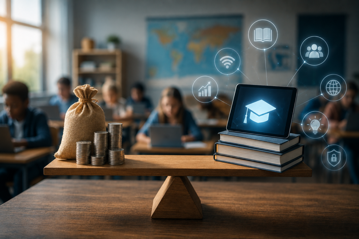 Classroom scene: a balance with a money bag and coin stacks beside a tablet showing a graduation cap atop a stack of books, surrounded by educational icons in the air.