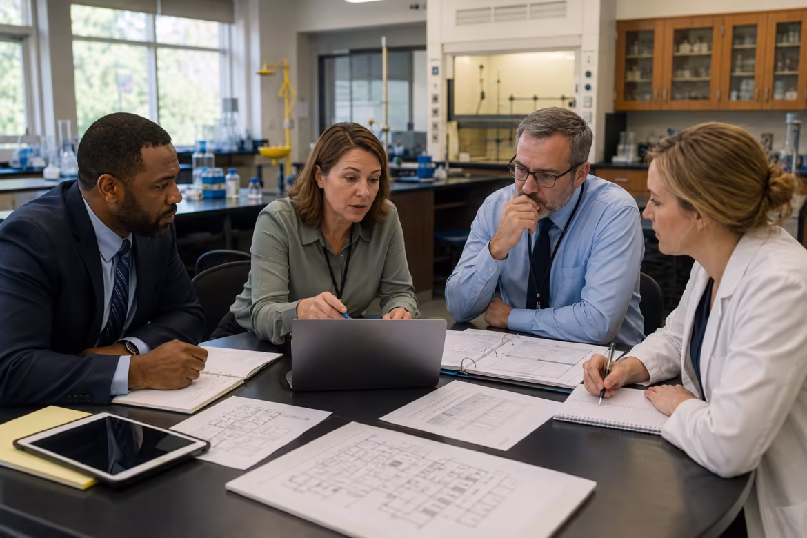 Four professionals in a lab discuss documents around a table with a laptop and charts in a well-lit science lab.