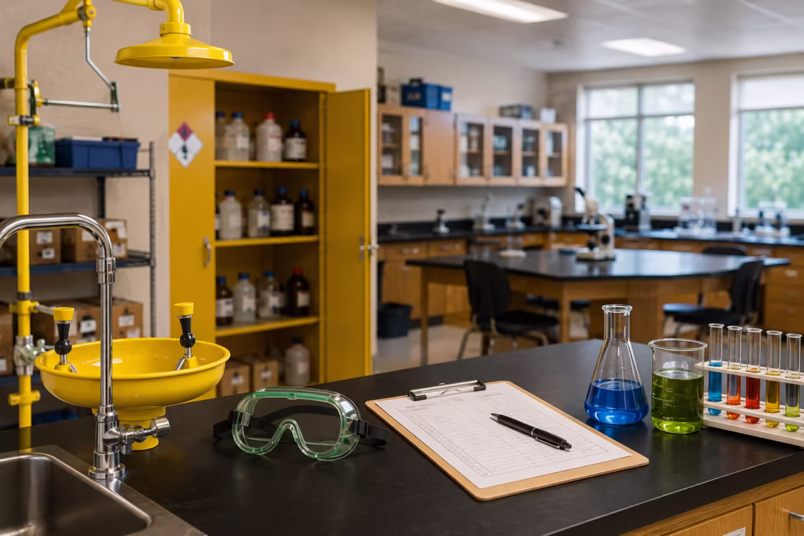 Chemistry lab bench with yellow safety equipment, goggles, a clipboard, and test tubes with colored liquids.
