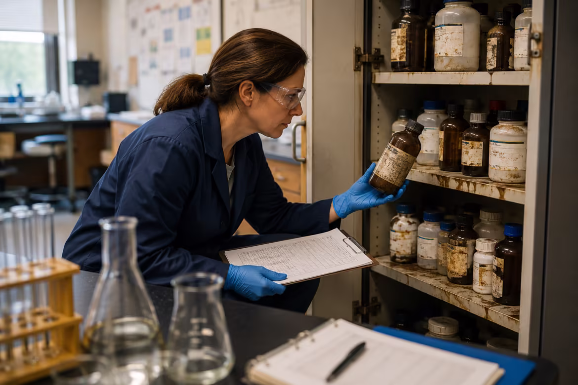 Female scientist in safety goggles and blue lab coat holds a brown bottle while inspecting a chemical shelf, jotting notes on a clipboard.