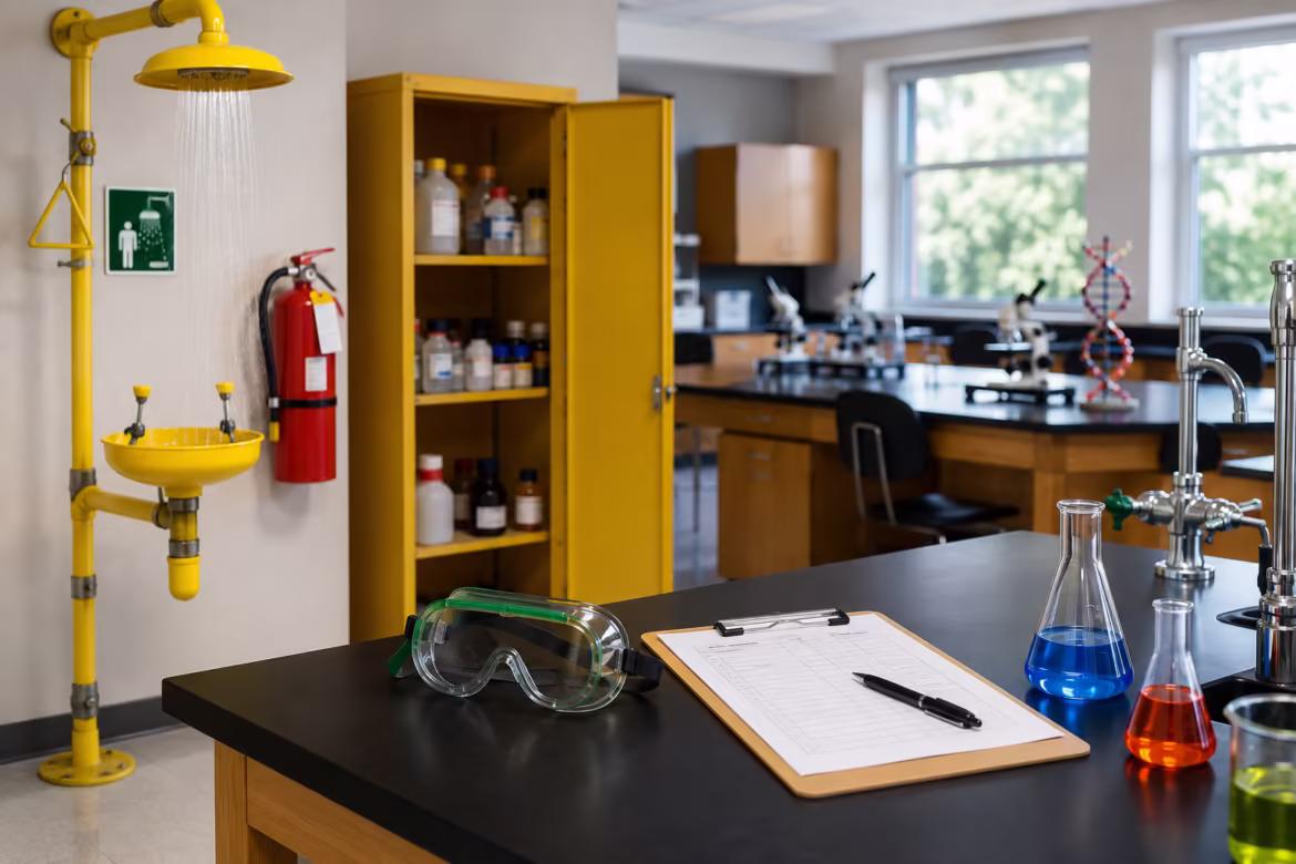 Laboratory bench with safety gear: yellow eyewash station, shower, fire extinguisher, goggles on the counter, clipboard and pens, and beakers with blue and red liquids nearby.