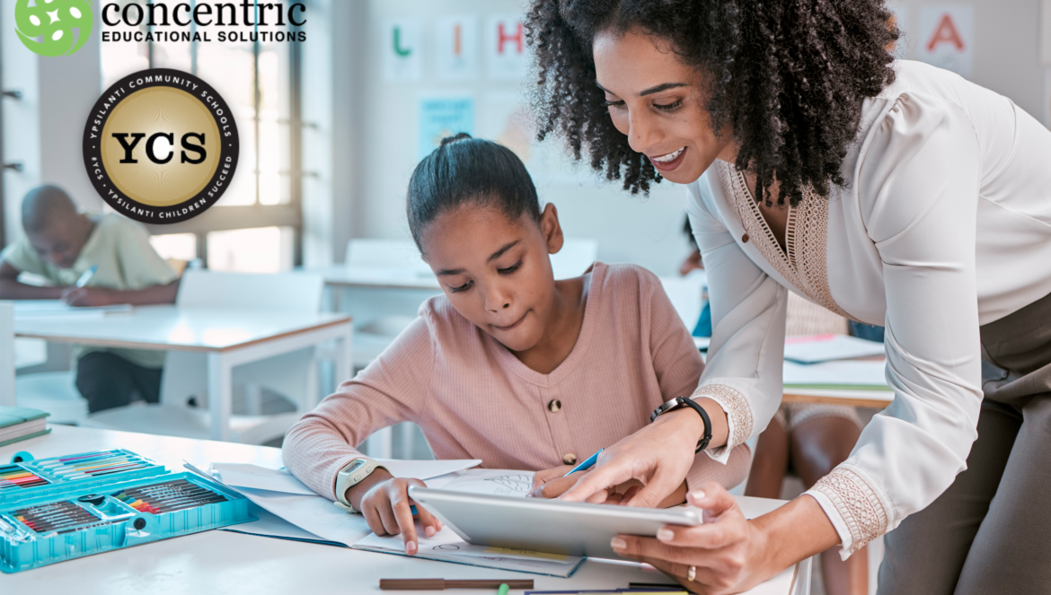 Teacher helps a young girl with a drawing task at a bright classroom table logos for concentric educational solutions and ycs visible on the left