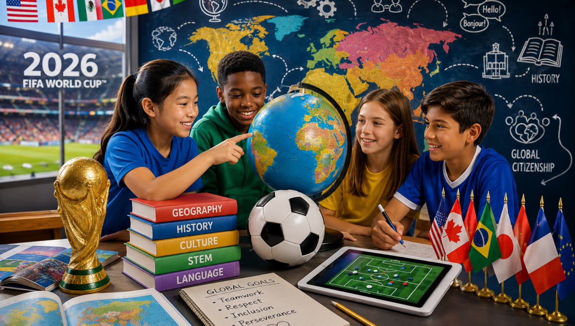 World cup education | edcircuit Four smiling children of diverse backgrounds study a globe at a classroom desk with flags a soccer ball a gold world cup trophy and a tablet showing a soccer field Books are stacked labeled geography history culture stem and language against a world map wall