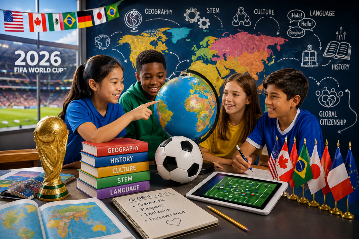 Four smiling children of diverse backgrounds study a globe at a classroom desk, with flags, a soccer ball, a gold World Cup trophy, and a tablet showing a soccer field. Books are stacked labeled Geography, History, Culture, STEM, and Language, against a world map wall.