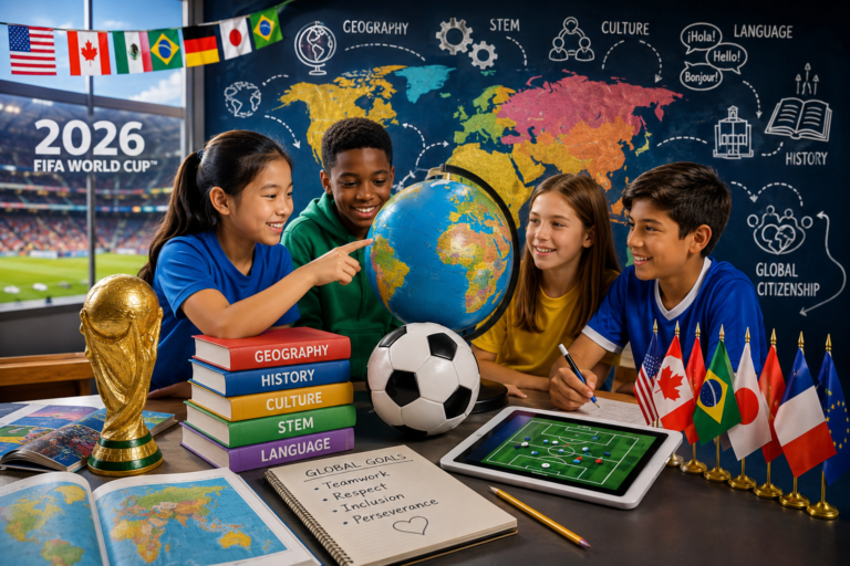 Four smiling children of diverse backgrounds study a globe at a classroom desk, with flags, a soccer ball, a gold World Cup trophy, and a tablet showing a soccer field. Books are stacked labeled Geography, History, Culture, STEM, and Language, against a world map wall.