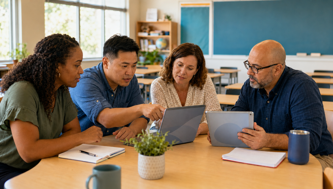 Four adults collaborate at a classroom table looking at tablets and notes
