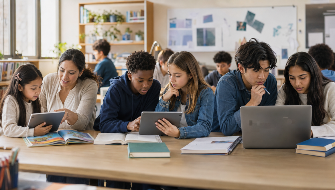 Group of students collaborates at a large table in a library like classroom using tablets and reading textbooks together
