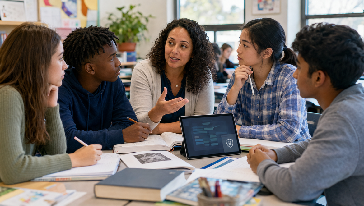 Teacher guiding a diverse group of students seated around a classroom table with notebooks and a tablet showing a shield icon