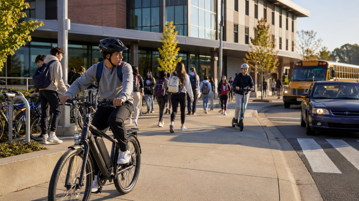 Young man wearing a helmet rides an electric bike along a campus sidewalk with students and a bus in the background.