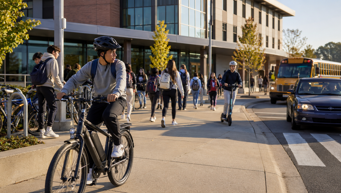 Ebike safety is the new school commute challenge | edcircuit Young man wearing a helmet rides an electric bike along a campus sidewalk with students and a bus in the background