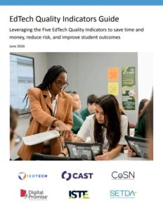 Cover of edtech quality indicators guide two women collaborating in a classroom with organization logos beneath the image