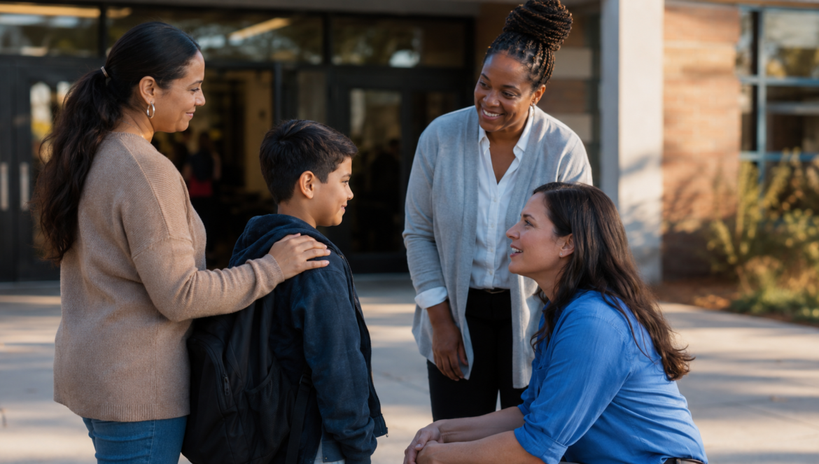 Family engagement | edcircuit Woman kneels to speak with a smiling boy while two adults stand nearby outside a school building outside a campus setting