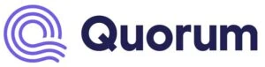 Quorum logo circular purple wave icon to the left of the bold quorum wordmark in navy text
