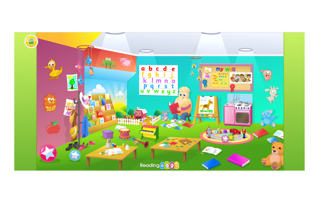 Bright kids classroom filled with posters alphabet chart books toys and a teacher figure reading at a desk in a colorful play area