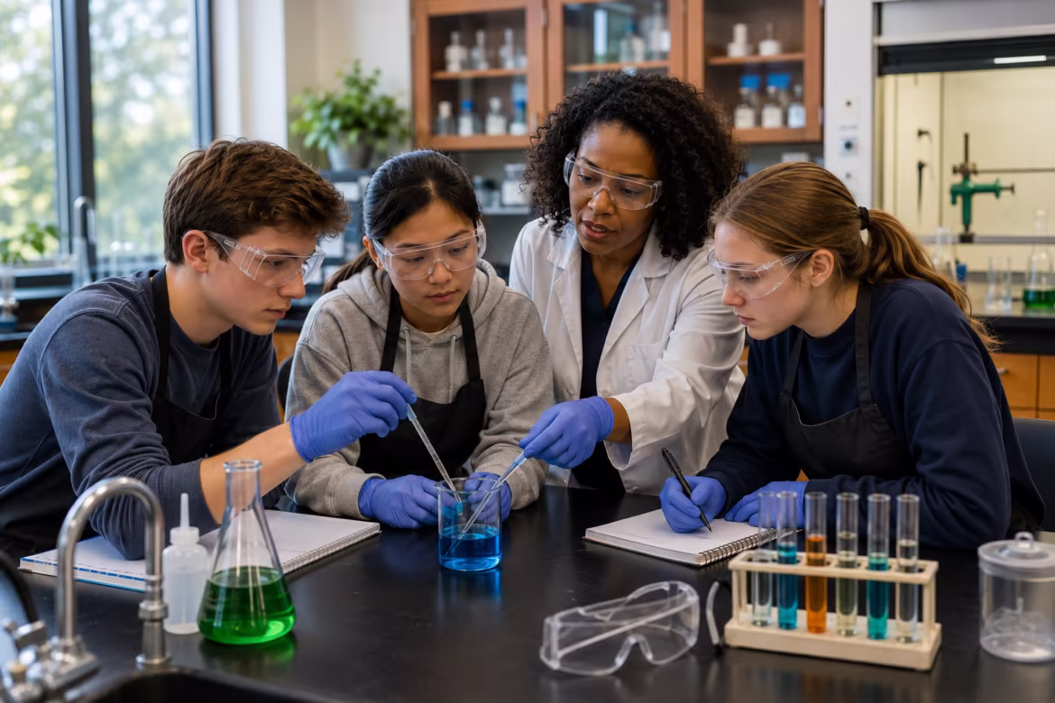 Instructor and three students wearing safety goggles and gloves work on a blue liquid experiment at a lab bench.