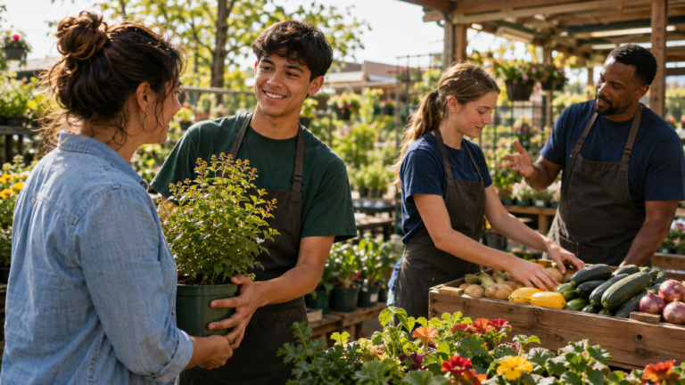 Summer jobs: young workers assisting customers and organizing plants and vegetables at a garden center