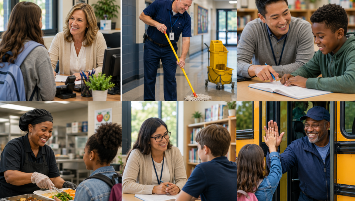 School office smiling receptionist helps a student at a desk with a computer and plant nearby in a bright environment