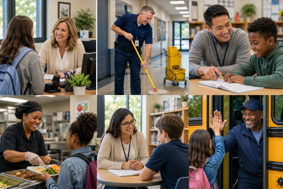 School office: smiling receptionist helps a student at a desk with a computer and plant nearby in a bright environment.