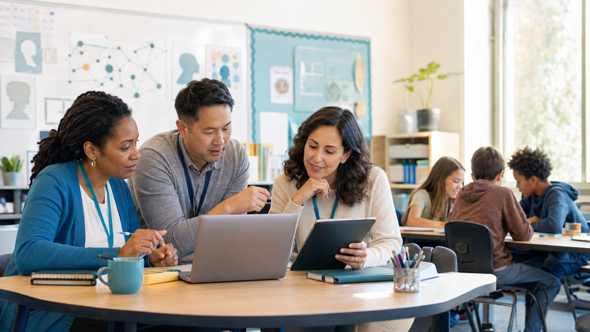 Three adults collaborate at a round table in a bright classroom, using a laptop and tablet. In the background, students work at other tables.