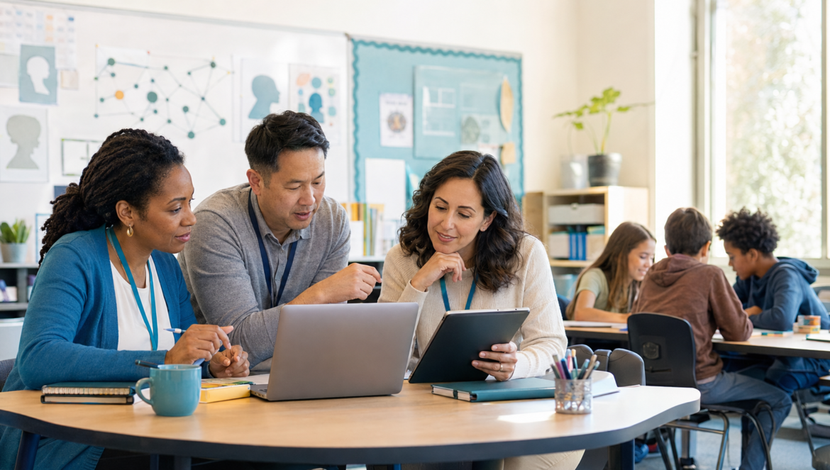 Top ai tools for back to school | edcircuit Three adults collaborate at a round table in a bright classroom using a laptop and tablet In the background students work at other tables