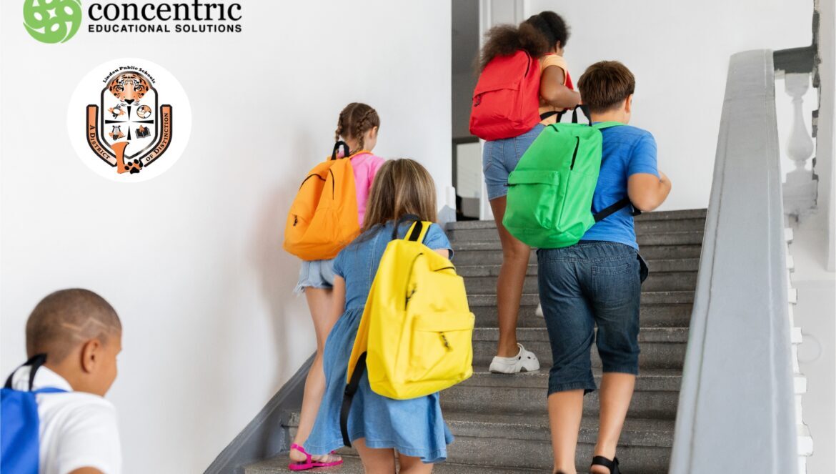 Children with colorful backpacks climb stairs in a school hallway logos for concentric educational solutions and linden public schools are on the wall