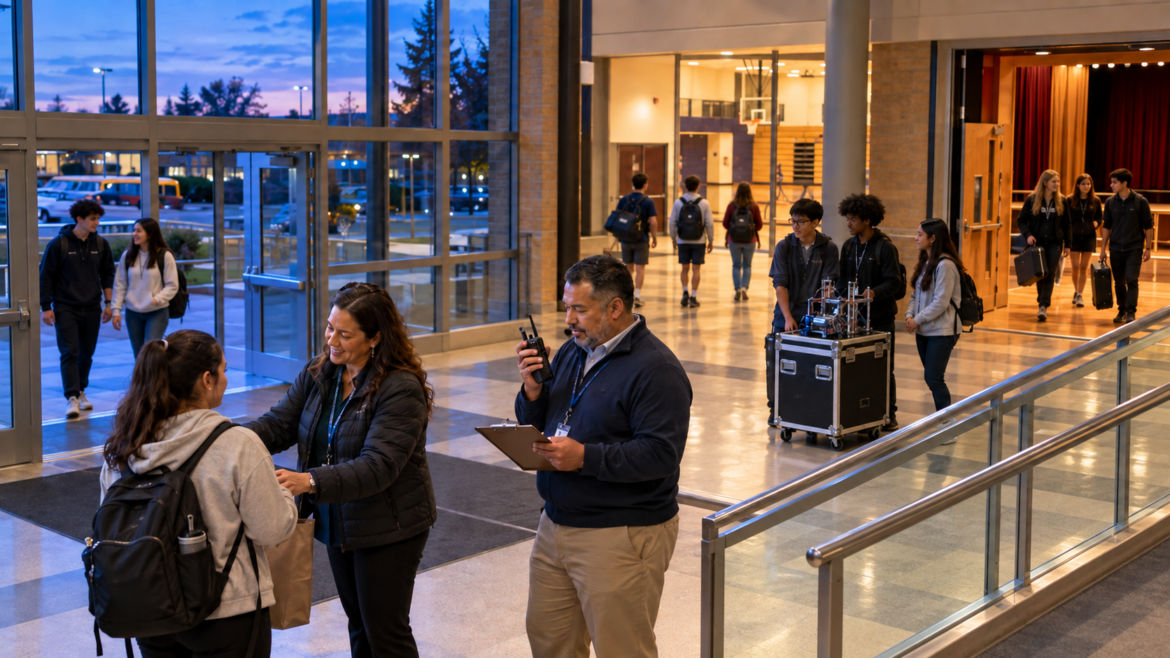 Staff member with clipboard and walkie-talkie greeting a student at a campus lobby entrance.