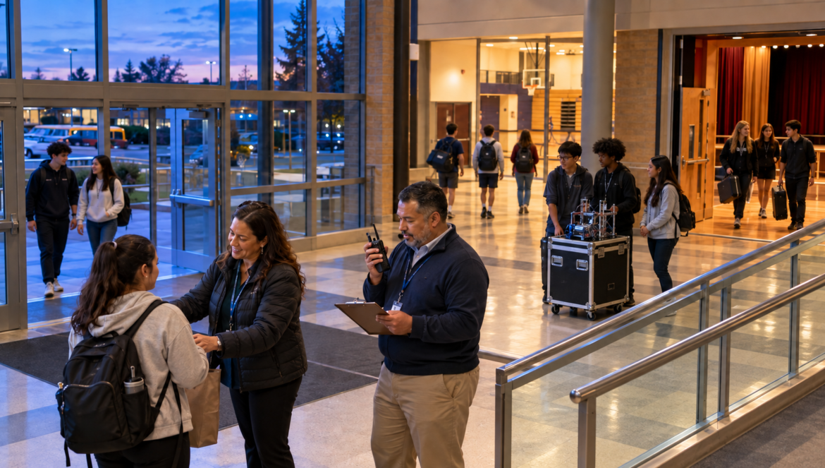 Staff member with clipboard and walkie talkie greeting a student at a campus lobby entrance