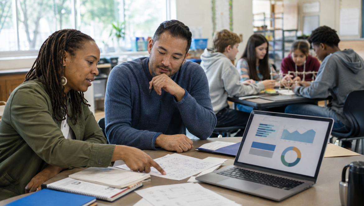 Two people discuss documents at a table with a laptop showing charts while other students work on a project in the background in a classroom