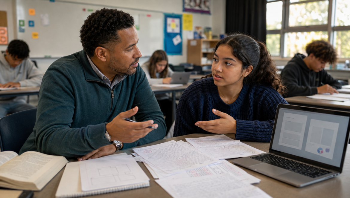 Two students collaborate at a desk talking over papers as a laptop with charts sits nearby other students study in the background