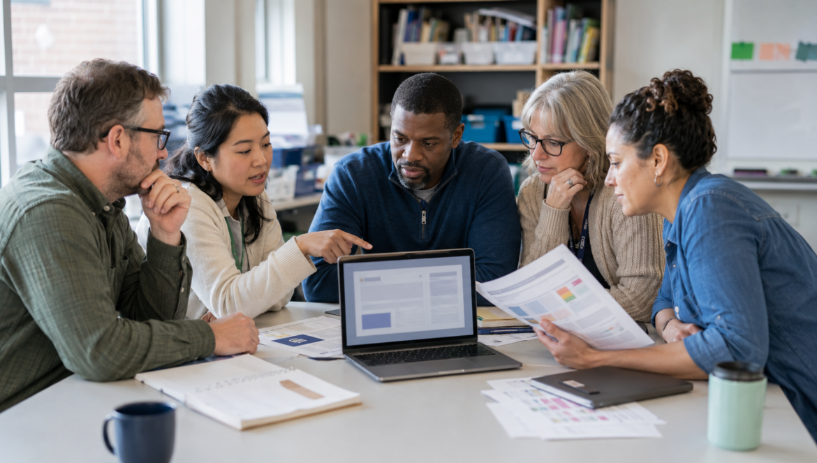 A diverse group of five adults collaborates around a table looking at a laptop and printed documents during a meeting