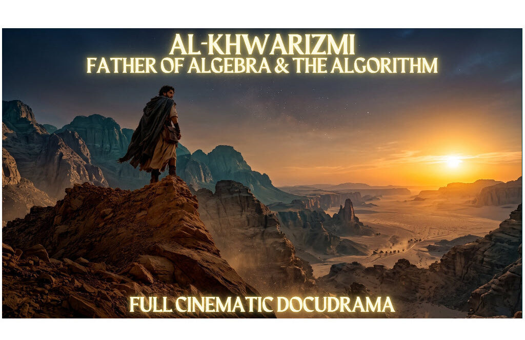 Promotional poster for a cinematic docudrama about al khwarizmi a man stands on a rocky cliff at sunset over a desert valley