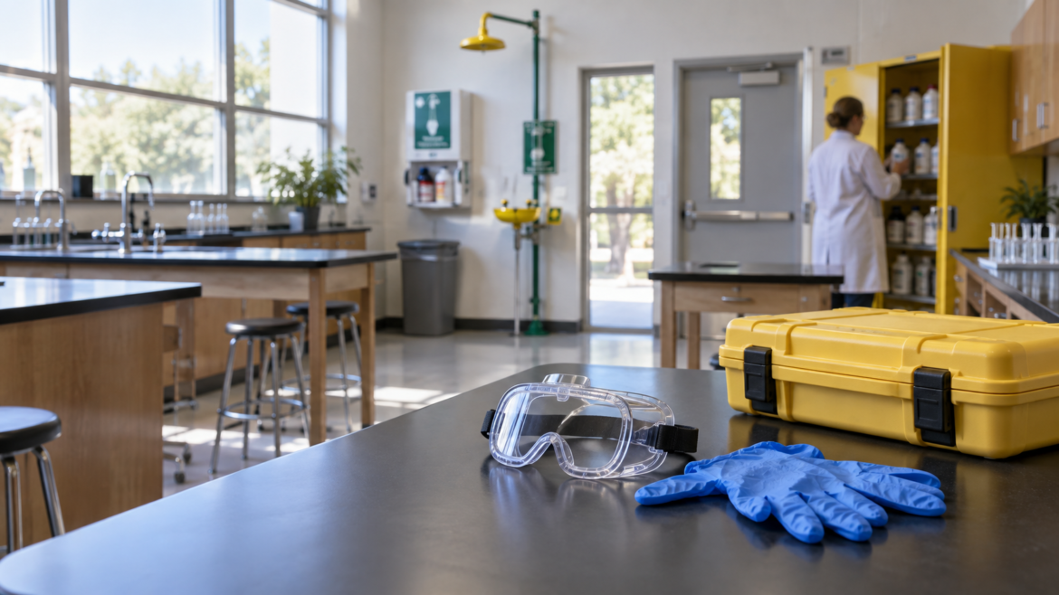 Lab bench in a science classroom with safety goggles, blue gloves, and a yellow tool case in the foreground, and a person in a lab coat near a yellow cabinet in the background.