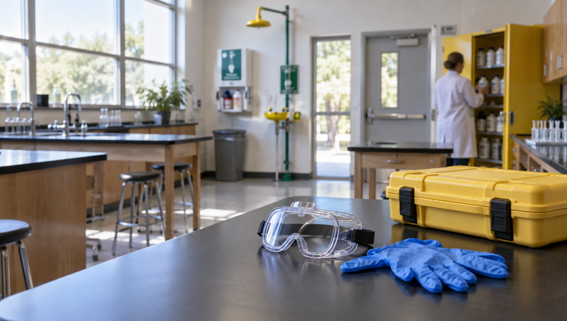 Chemical hygiene plan | edcircuit Lab bench in a science classroom with safety goggles blue gloves and a yellow tool case in the foreground and a person in a lab coat near a yellow cabinet in the background