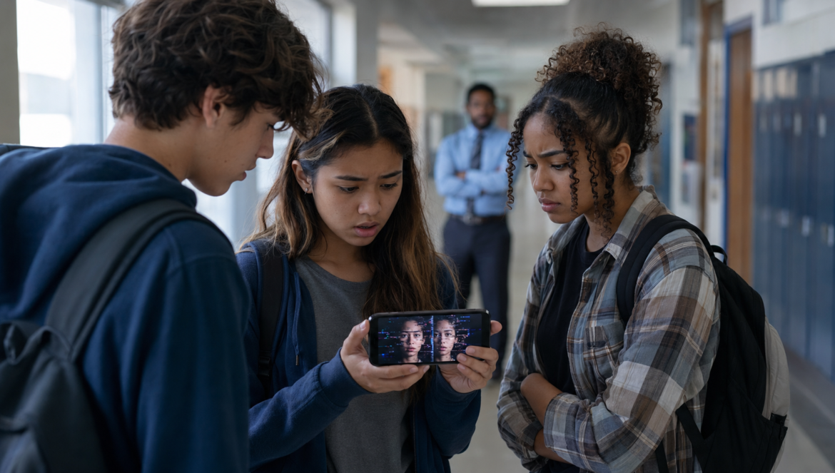 Three students in a hallway huddle around a phone showing a split screen face image on the screen while a man watches from behind