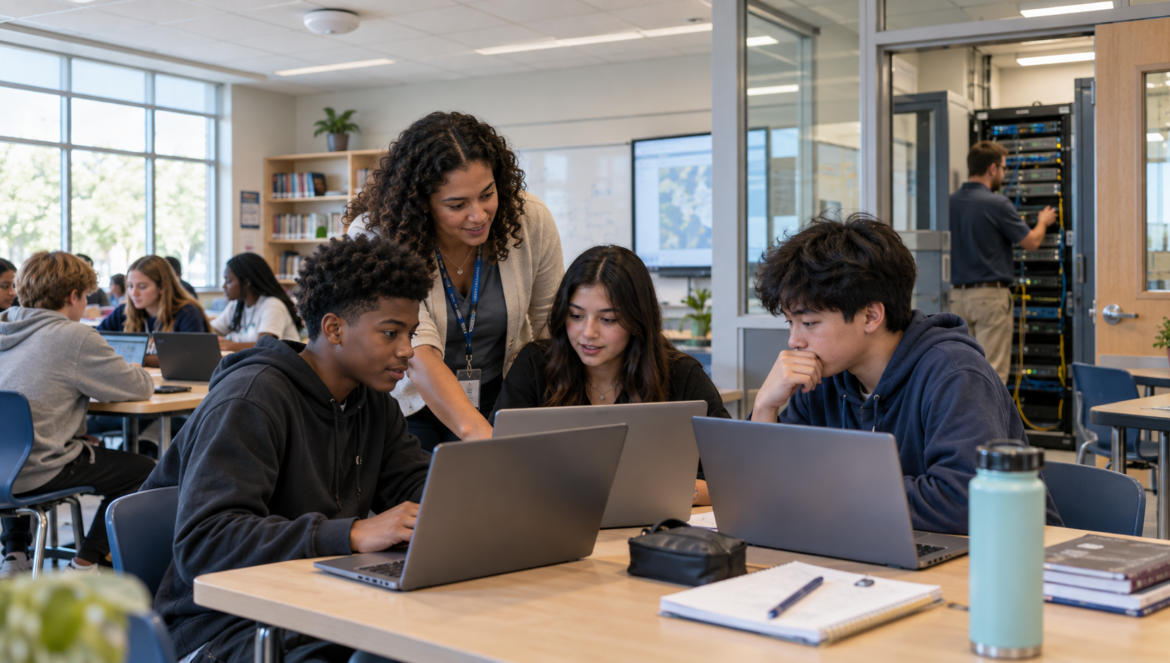 Teacher helping three students at a table with laptops in a modern classroom setting light filled space seeded with greenery and shelves in background