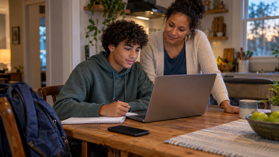 Woman helps a teen with homework at a kitchen table, using a laptop and notebook nearby.