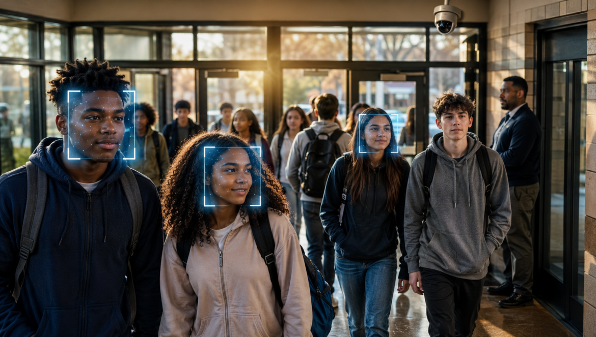 Facial recognition in schools | edcircuit Group of diverse students walking through a school lobby while a security camera highlights faces with blue biometric boxes indicating facial recognition