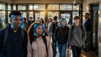 Group of diverse students walking through a school lobby while a security camera highlights faces with blue biometric boxes indicating facial recognition