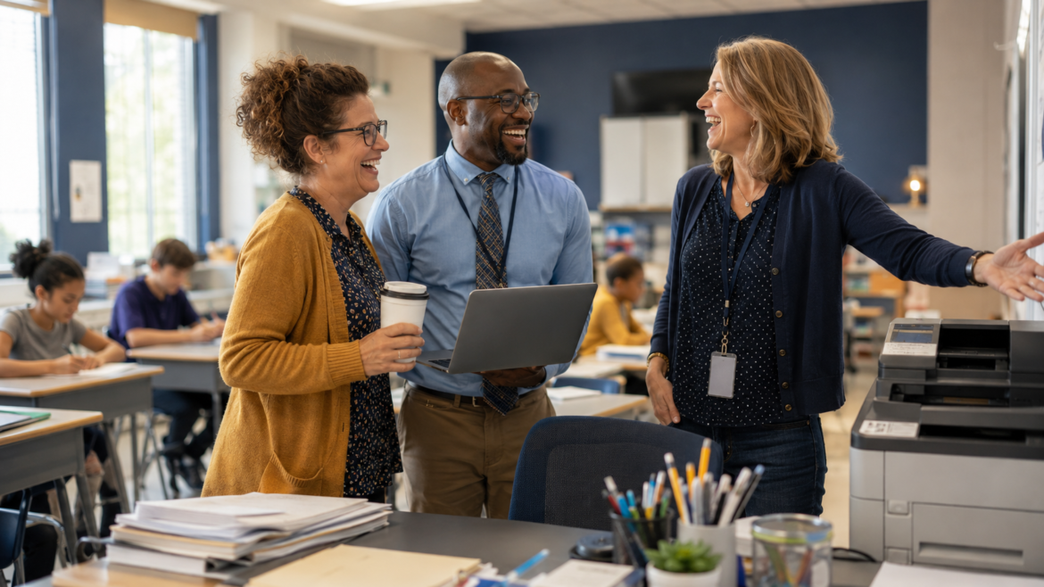 Three educators stand at the front of a bright classroom, smiling and talking, one holding a laptop and a coffee cup.