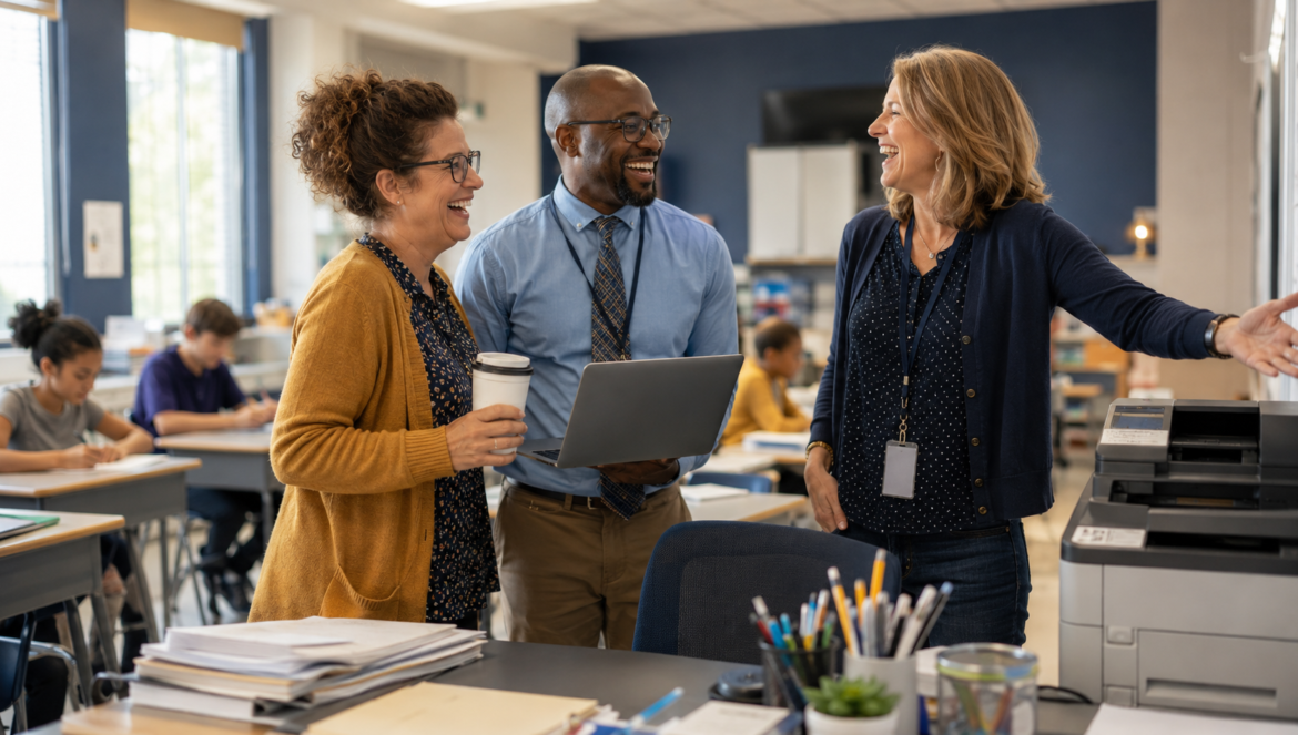 First weeks of school | edcircuit Three educators stand at the front of a bright classroom smiling and talking one holding a laptop and a coffee cup