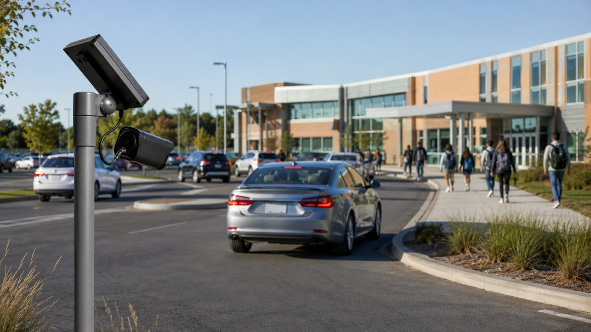 Close-up of a security camera mounted on a pole overlooking a campus driveway with cars and pedestrians in the background.