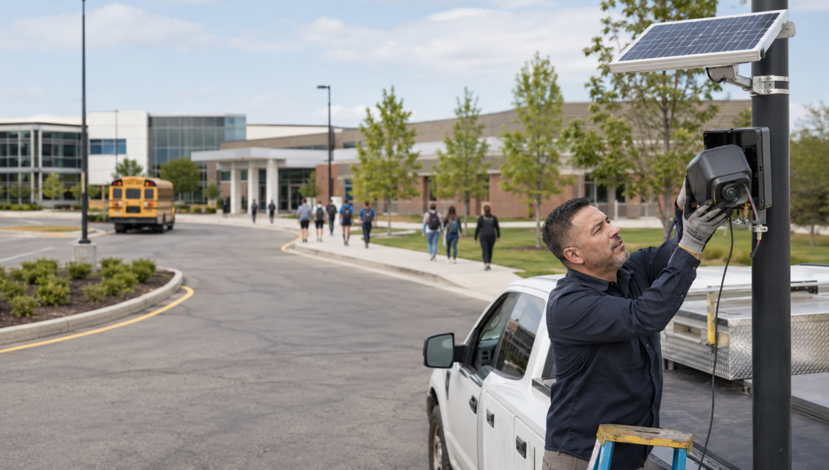 Maintenance worker on a ladder attaches a solar powered camera to a streetlight on a college campus while students walk by in the background