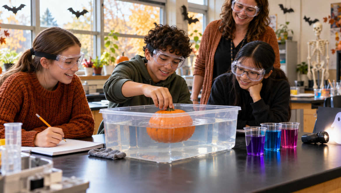 Three students wearing safety goggles observe a pumpkin sinking or floating in a clear plastic tub of water during a fall science activity with a smiling teacher nearby