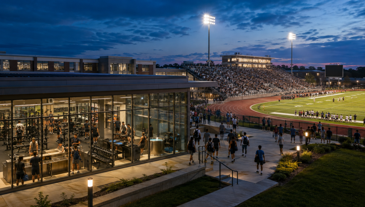 Evening view of a glass walled gym with people working out next to a crowded football stadium under bright lights
