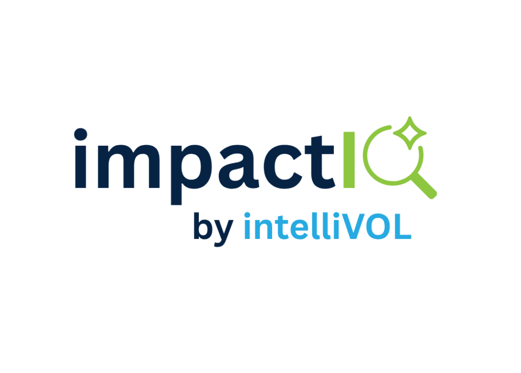 Logo for ImpactIQ by IntelliVOL featuring a green magnifying glass icon with spark