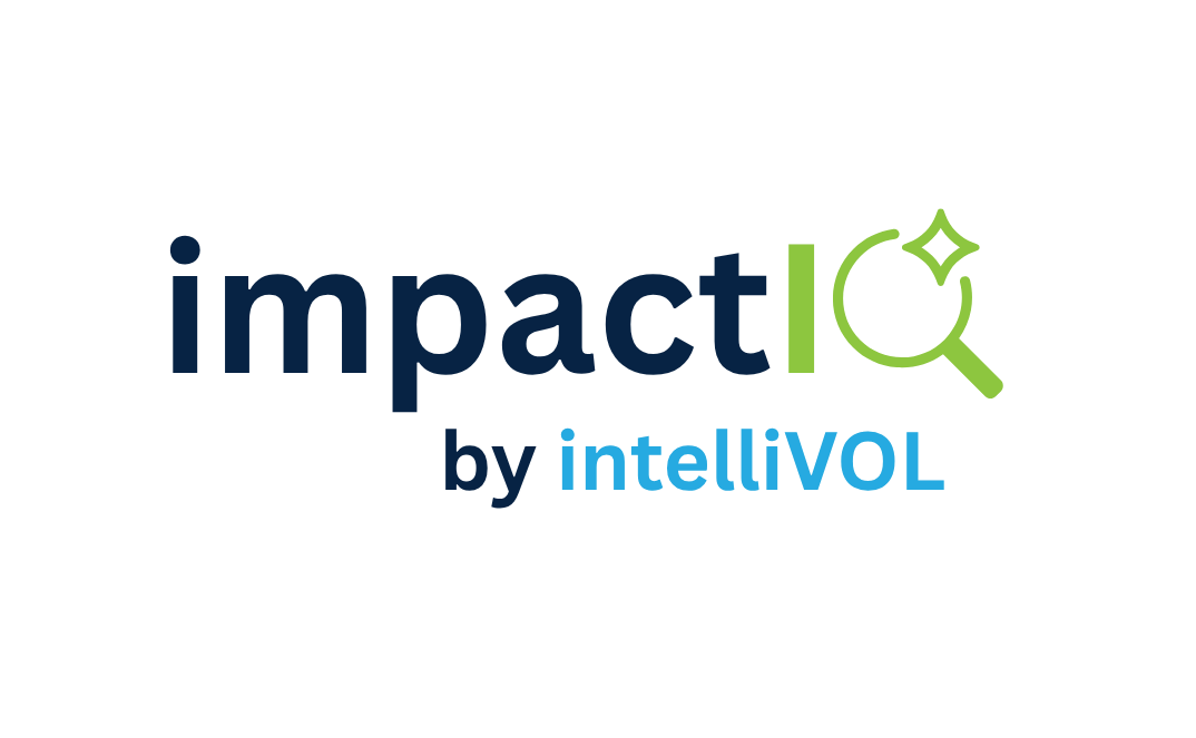 Logo for impactiq by intellivol featuring a green magnifying glass icon with spark